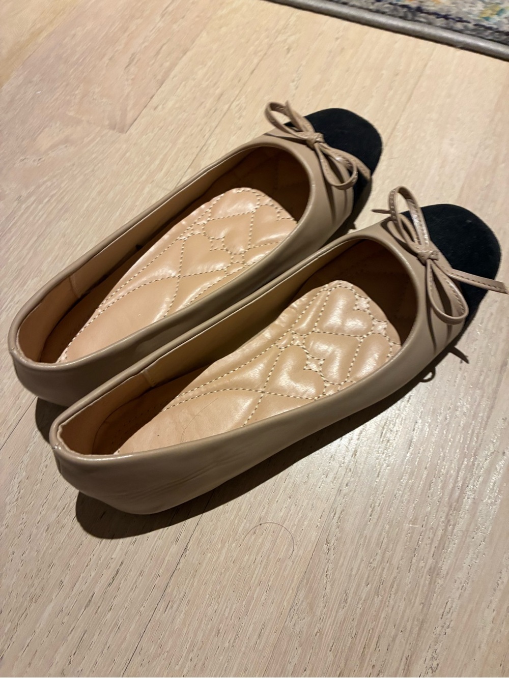 Two-Tone Nude and Black Ballet Flats with Bow